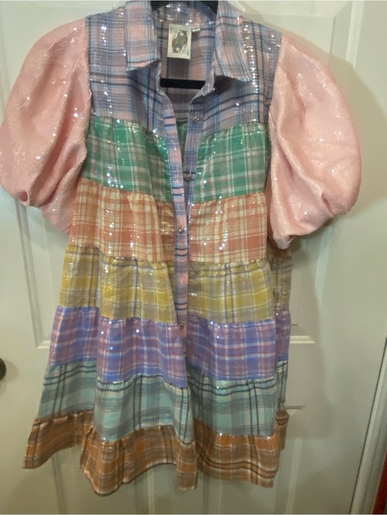 QUEEN OF SPARKLES Dresses & Skirts - QUEEN OF SPARKLES Pastel Plaid Mini Dress with Pink Puff Sleeves NWOT